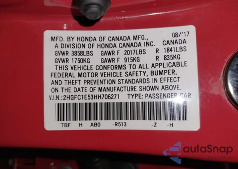 2017 Honda Civic Si из США, поврежденный, VIN 2HGFC1E53HH706271